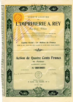 Imprimerie A. Rey - Stock Certificate