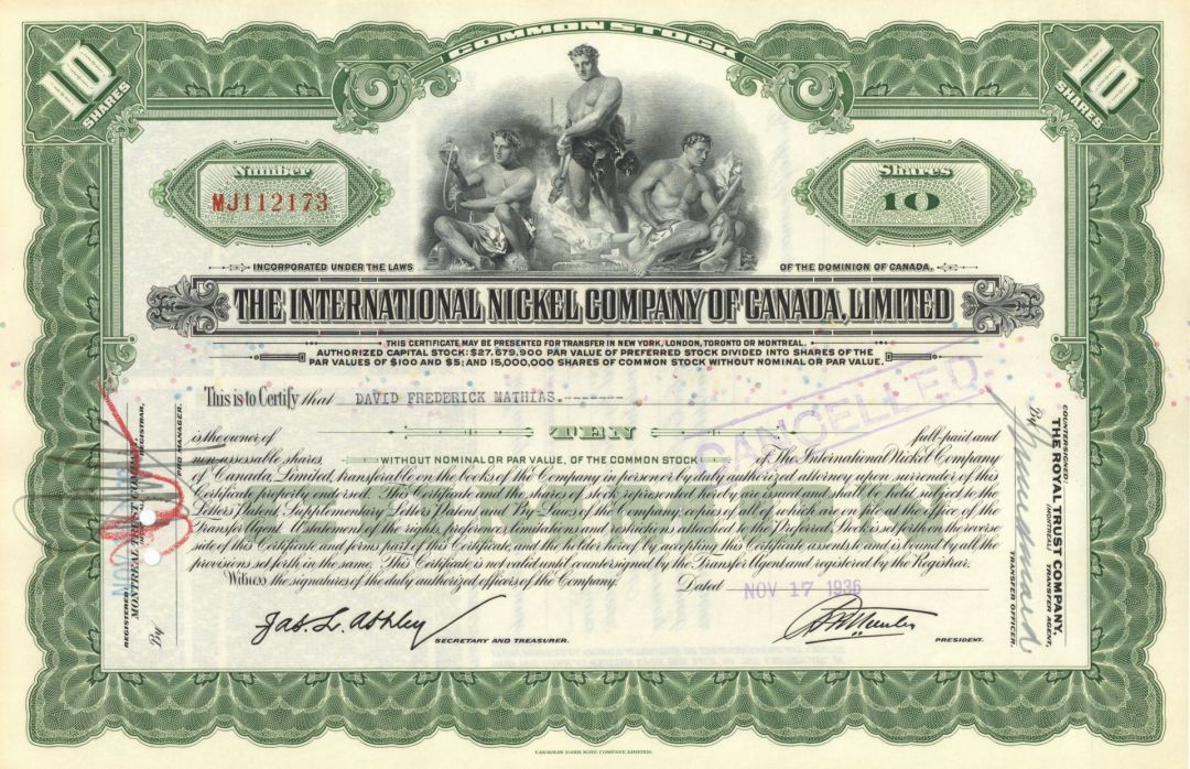 International Nickel Co. of Canada, Limited - 1930's dated Canadian Stock Certificate