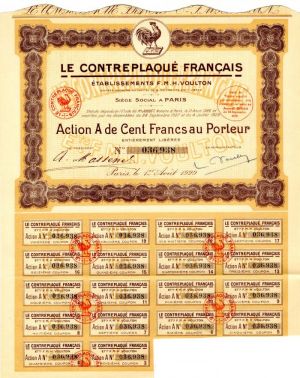 Le Contreplaque Francais Etablissements F.M.H. Voulton - Stock Certificate