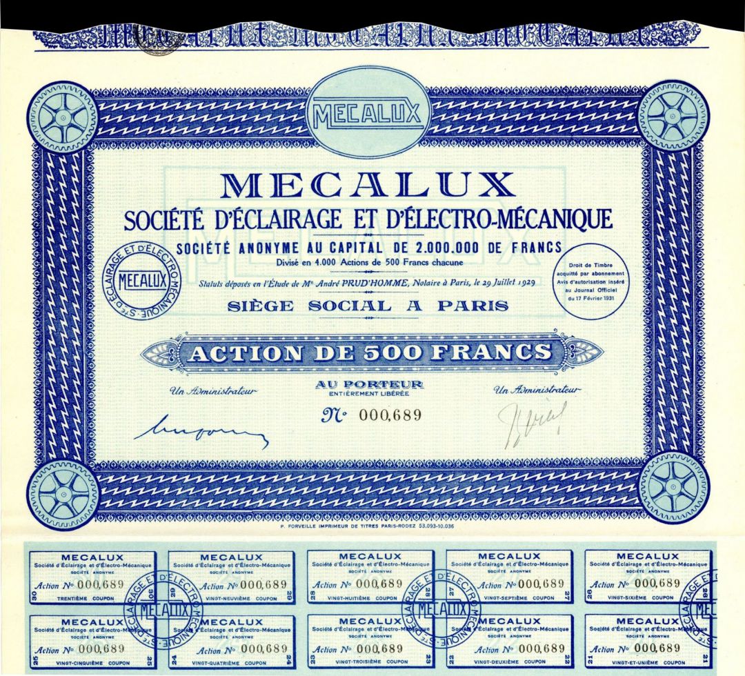 Mecalux-Societe D'Eclairage Et D'Electro-Mecanique - Stock Certificate