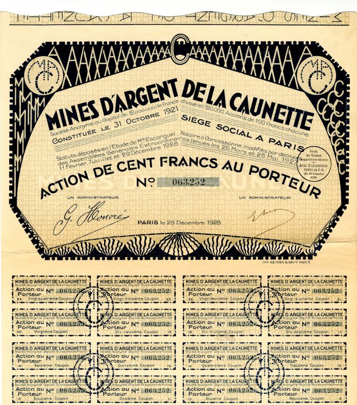 Mines D'Argent De La Caunette - Stock Certificate