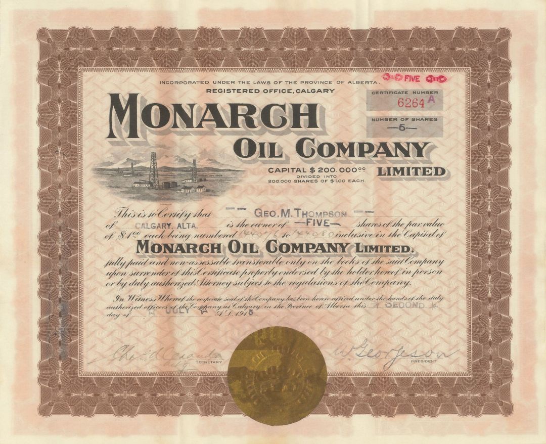 Monarch Oil Company Limited - 1914-16 dated Canadian Oil Stock Certificate - Calgary, Alberta, Canada