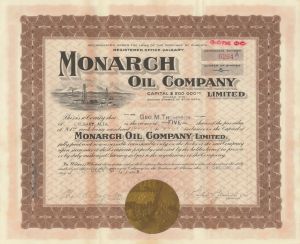 Monarch Oil Company Limited - 1914-16 dated Canadian Oil Stock Certificate - Calgary, Alberta, Canada