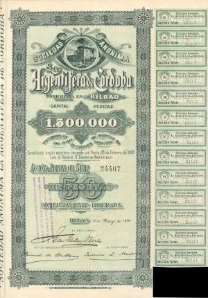 Sociedad Anonima La Argentifera de Cordoba - Stock Certificate