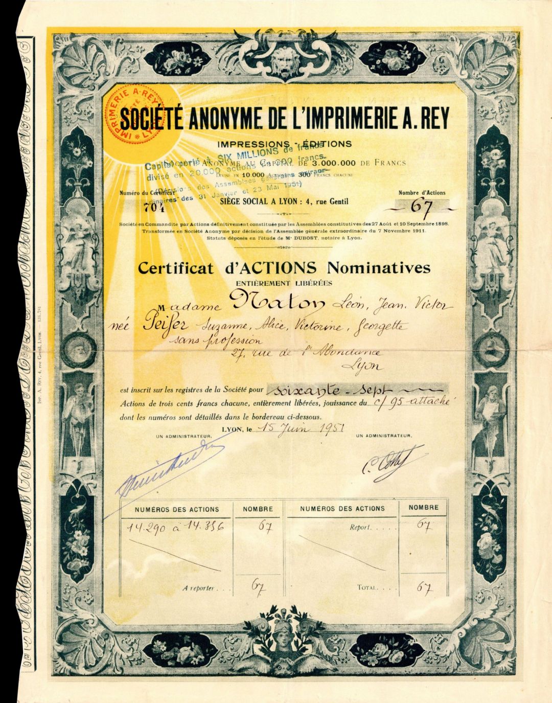 Societe Anonyme de L'Imprimerie a. Rey - Stock Certificate