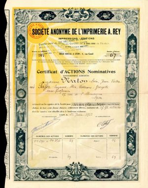 Societe Anonyme de L'Imprimerie a. Rey - Stock Certificate