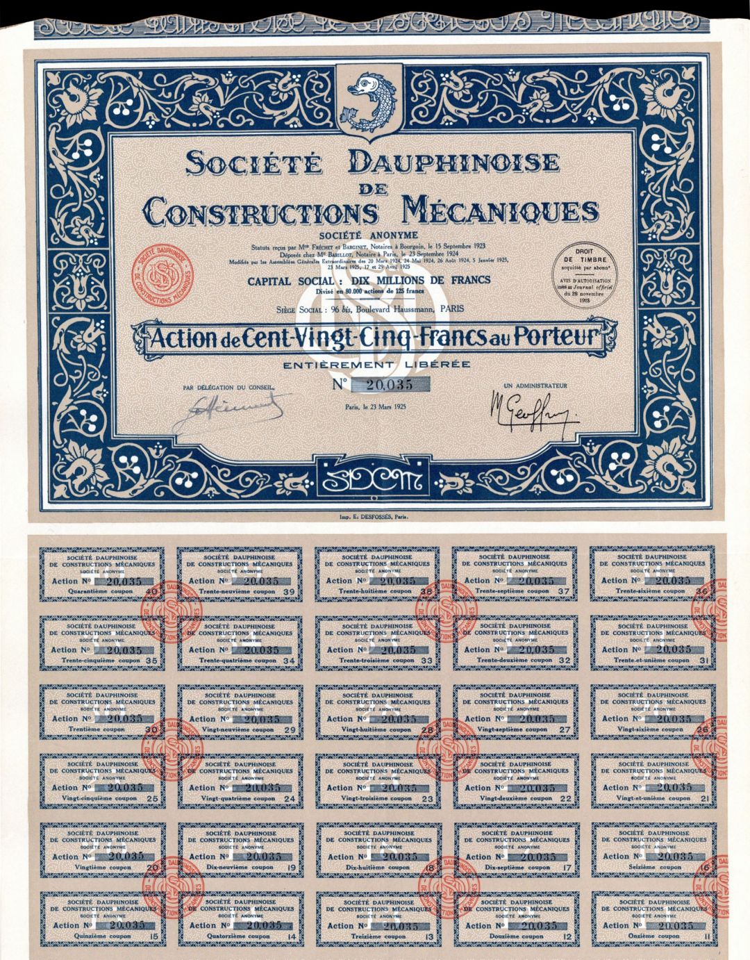 Societe Dauphinoise De Constructions Mecaniques - Stock Certificate