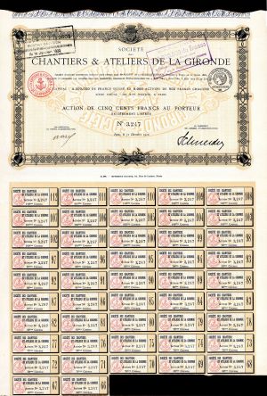 Societe Des Chantiers and Ateliers De La Gironde - Stock Certificate