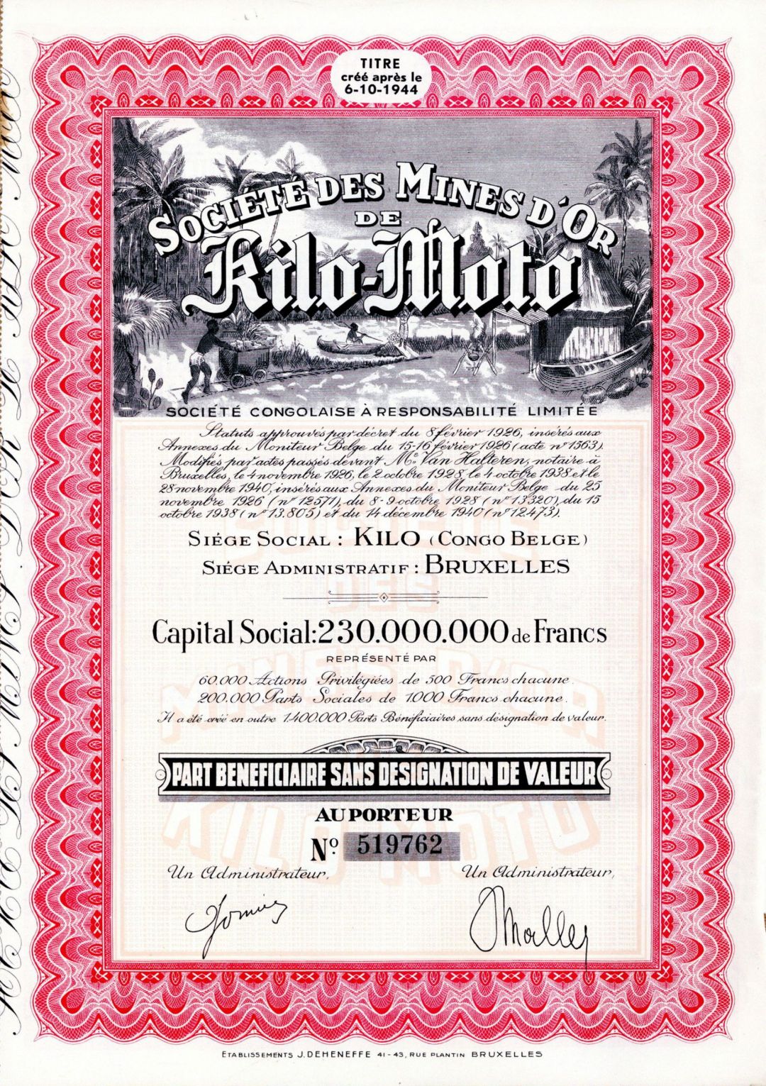 Societe Des Mines D'or de Kilo-Moto - 1944 Congo Mining Stock Certificate - Unique African Scene Vignette through Title