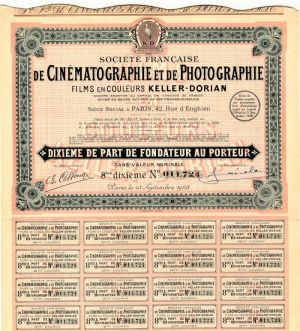 Societe Francaise De Cinematographie Et De Photographie, Films Encouleurs-Keller-Dorian - Stock Certificate