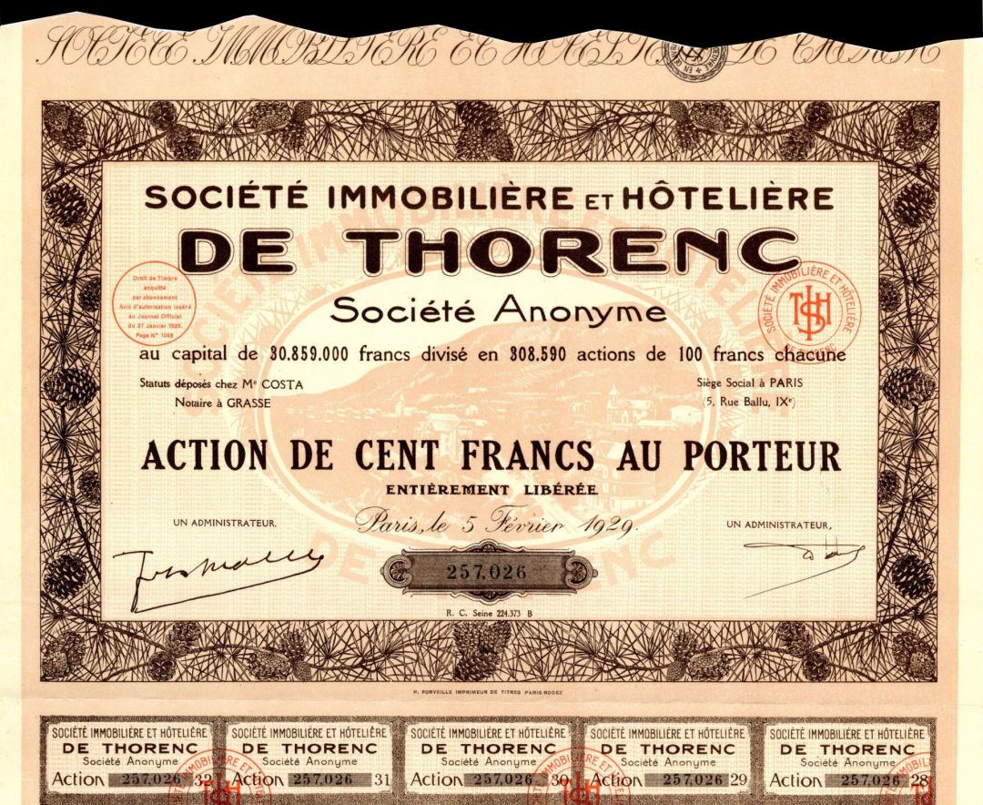 Societe Immobiliere Et Hoteliere de Thorenc - Stock Certificate