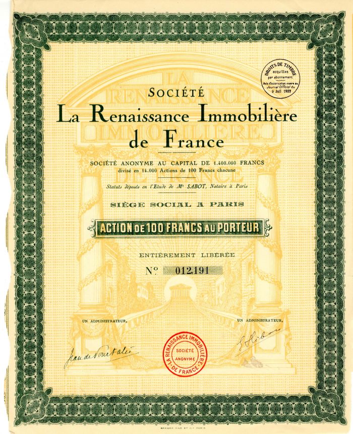 Societe La Renaissance Immobiliere de France - Stock Certificate
