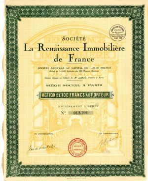 Societe La Renaissance Immobiliere de France - Stock Certificate