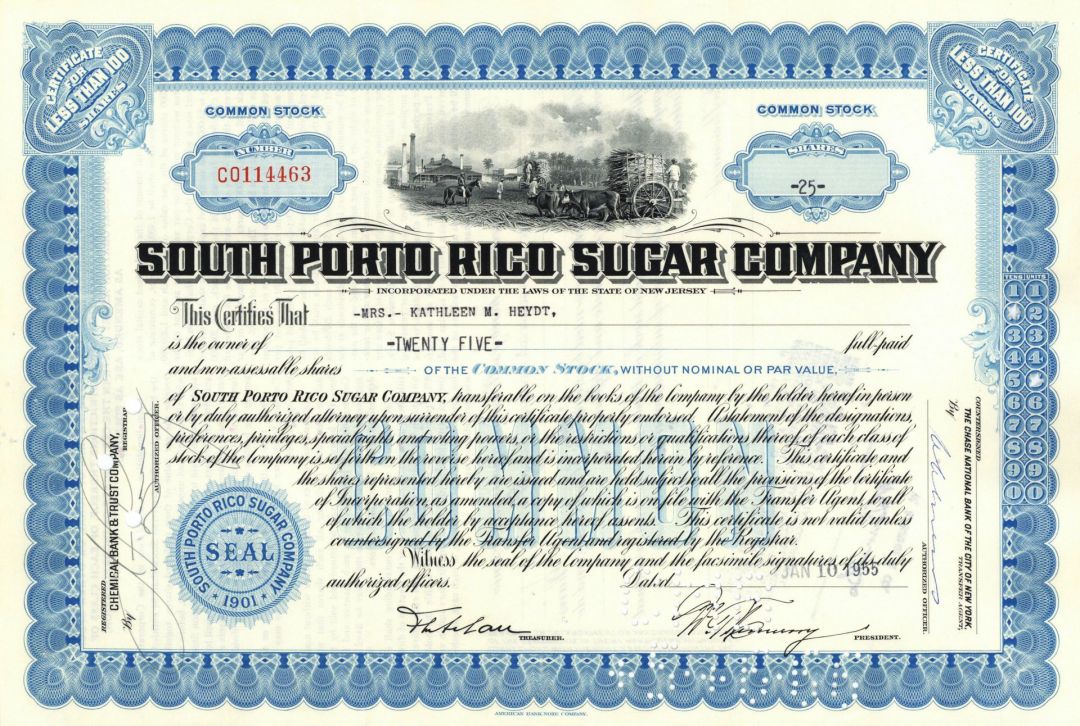 South Porto Rico Sugar Co. - 1950's dated Puerto Rican Stock Certificate