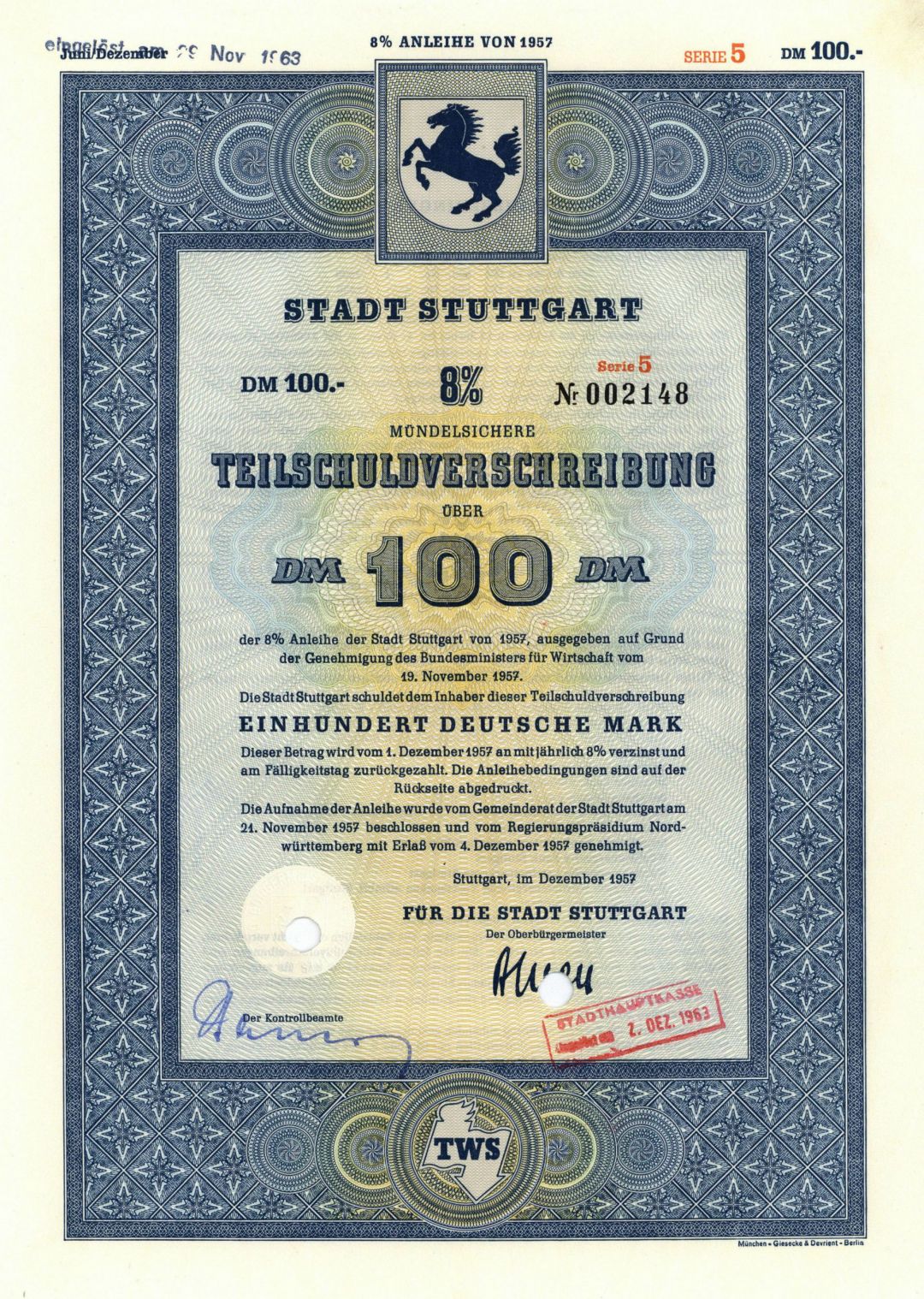 Stadt Stuttgart - 1956-57 dated German Stock Certificate - City of Stuttgart