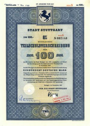 Stadt Stuttgart - 1956-57 dated German Stock Certificate - City of Stuttgart