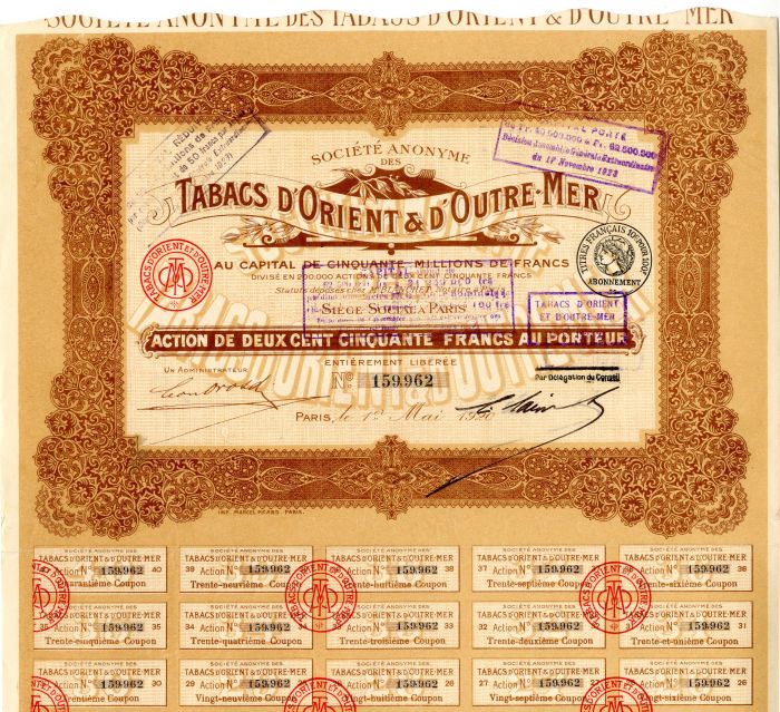 Tabacs D'Orient and D'Outre-Mer - Stock Certificate