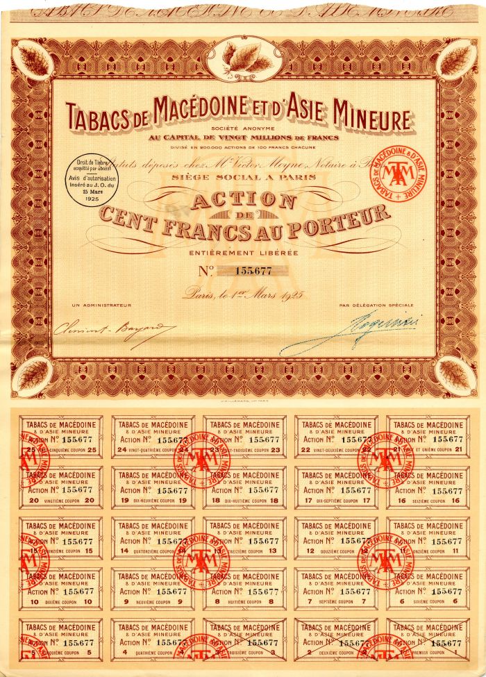 Tabacs De Macedoine Et D'Asie Mineure - Stock Certificate