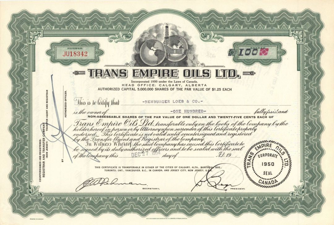 Trans Empire Oils Ltd. - 1950's dated Stock Certificate