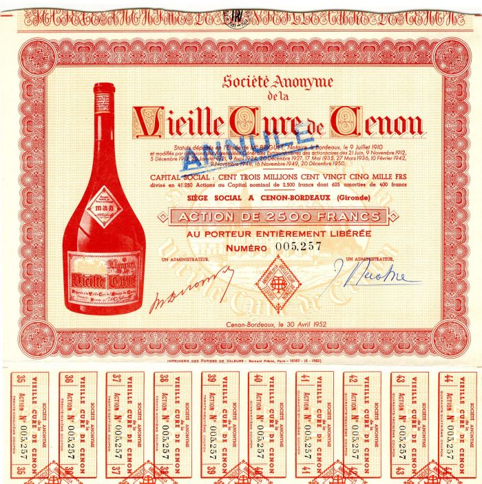 Societe Anonyme de la Vieille Cure de Cenon - Stock Certificate