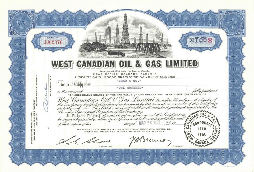 West Canadian Oil and Gas Limited - 1950's dated Utility Stock Certificate