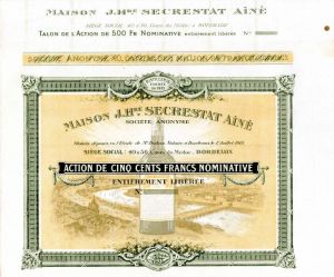 Maison J. Hre. Secrestat Aine - Stock Certificate