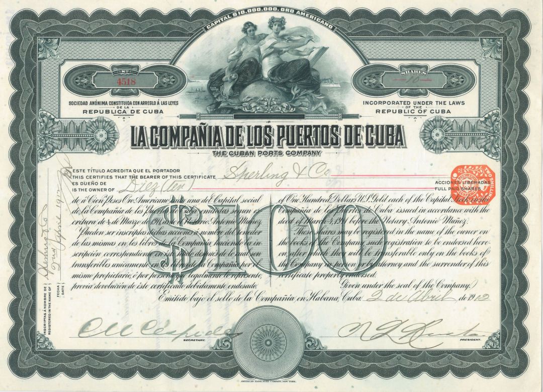 La Compania de los Puertos de Cuba - 1912 dated Havana Stock of $100 of U.S. Gold - Uncanceled)