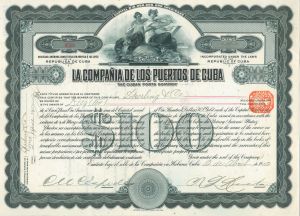 La Compania de los Puertos de Cuba - 1912 dated Havana Stock of $100 of U.S. Gold - Uncanceled)