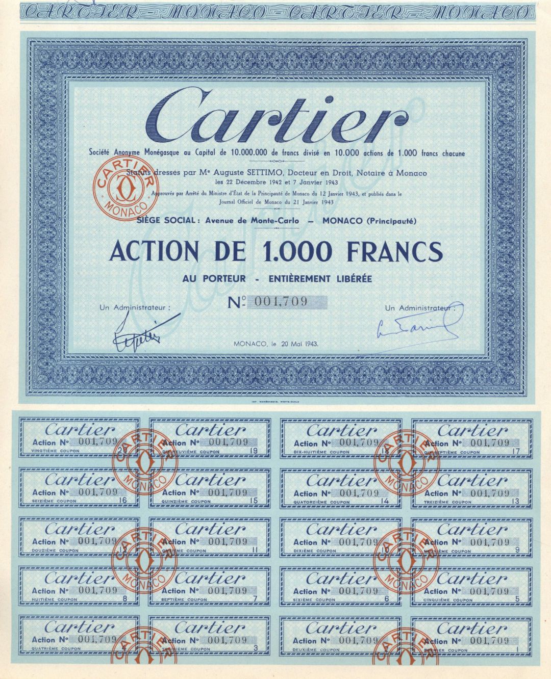Cartier - 1943 dated Jewelers Stock Certificate - Extremely Rare - Same Lettering as on Their Store Fronts