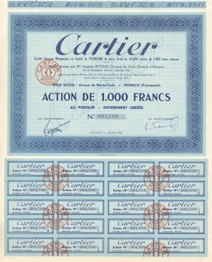 Cartier Jewelers Stock Certificate dated 1943 - World War II Era - Extremely Rare - Same Lettering as on Their Store Fronts