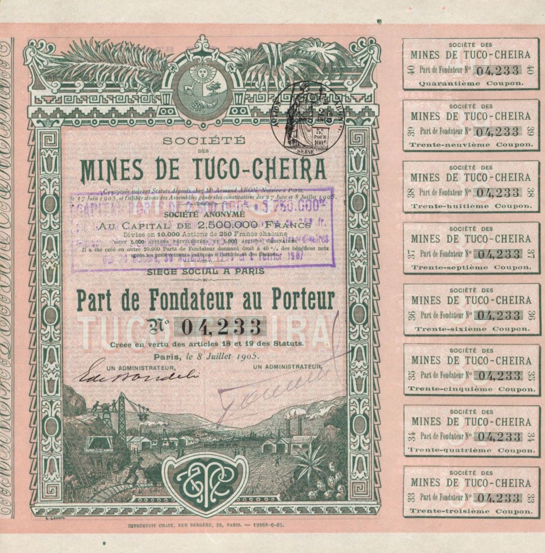 Societe Des Mines de Tuco-Cheira - Stock Certificate