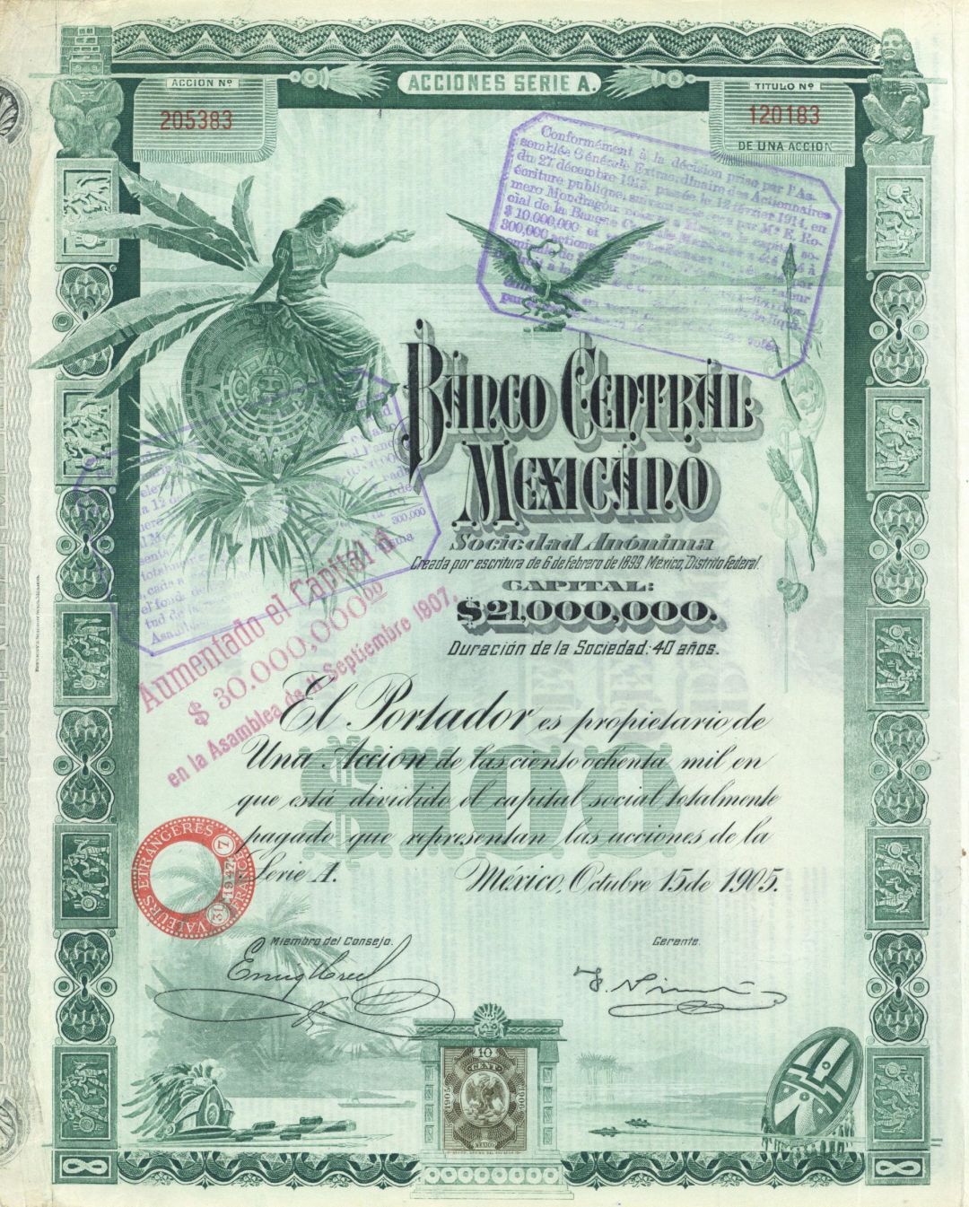 Blueberry The Banco Central Mexicano Dividend Stock Certificate - 1 Share 100 Pesos Blueberries