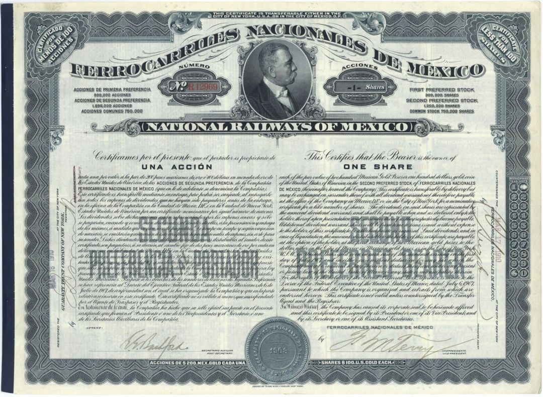 National Railways of Mexico - Ferrocarriles Nacionales De Mexico - 1907 dated Blue Less than 100 Shares Mexican Stock Certificate