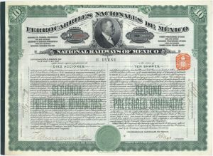 National Railways of Mexico - Ferrocarriles Nacionales De Mexico - 1907 dated Green 10 Share Mexican Stock Certificate