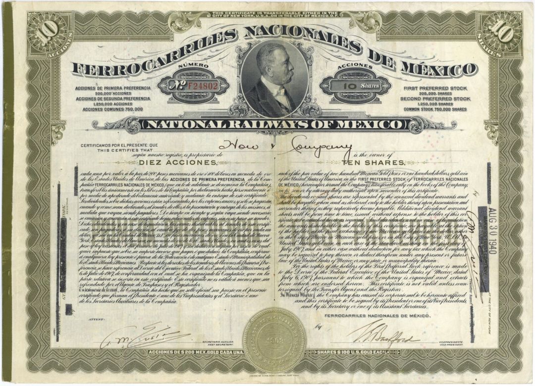National Railways of Mexico - Ferrocarriles Nacionales De Mexico - 1907 dated Olive 10 Share Mexican Stock Certificate