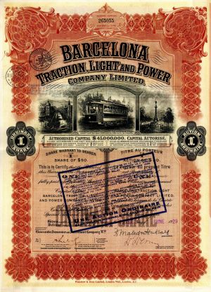 Barcelona Traction, Light and Power Co., Ltd - 1900's-30's dated Spanish Railway Stock Certificate