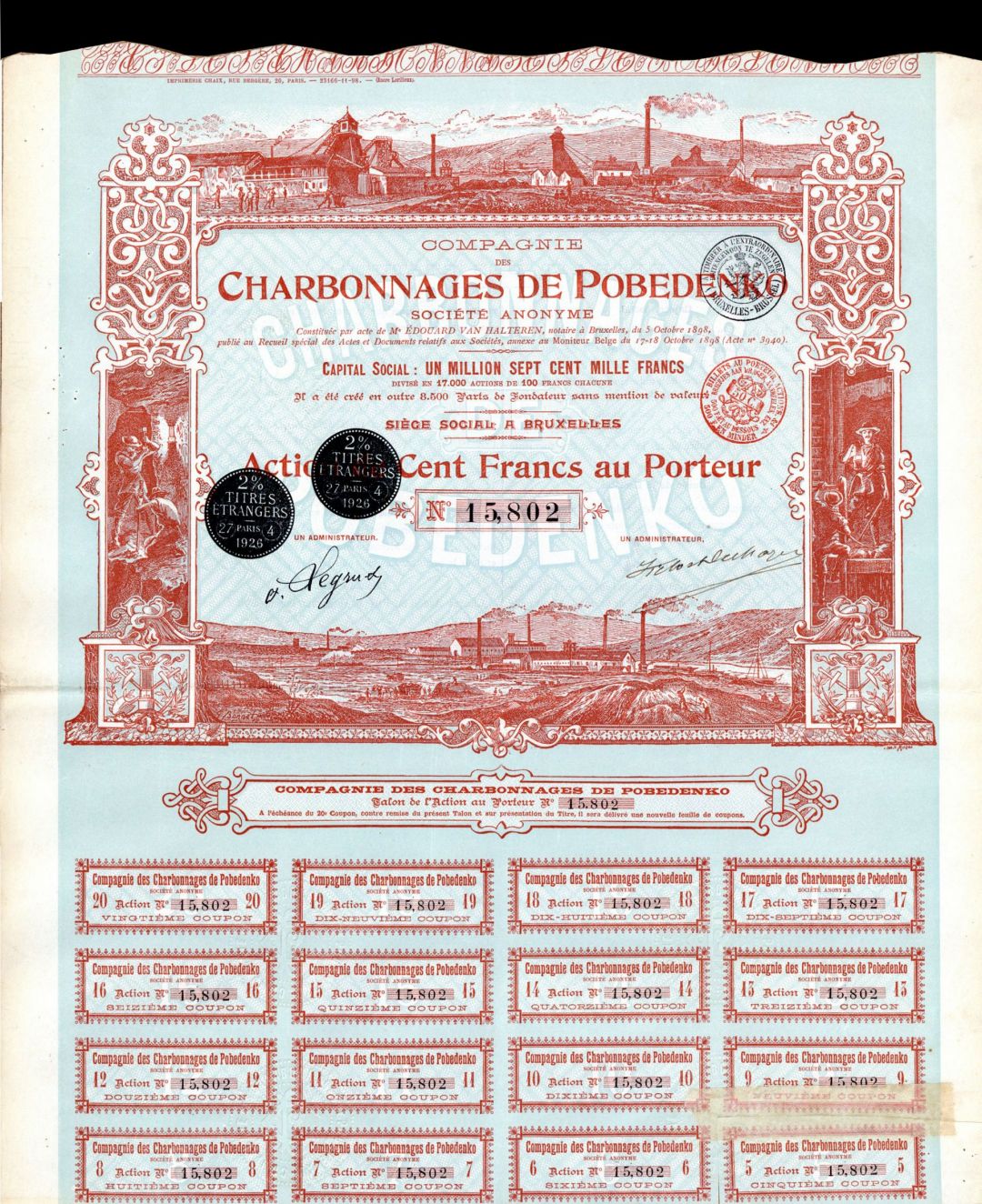 Charbonnages de Pobedenko - Stock Certificate