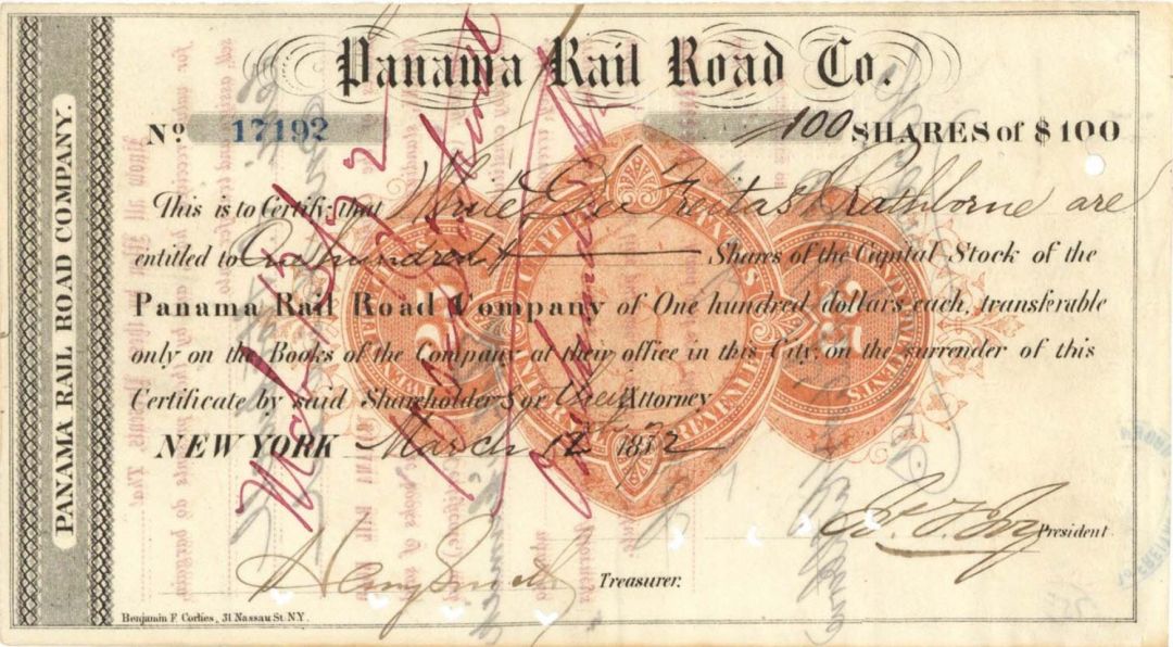 Panama Rail Road Co. - 1872 dated Railway Stock Certificate - Great Railroad History