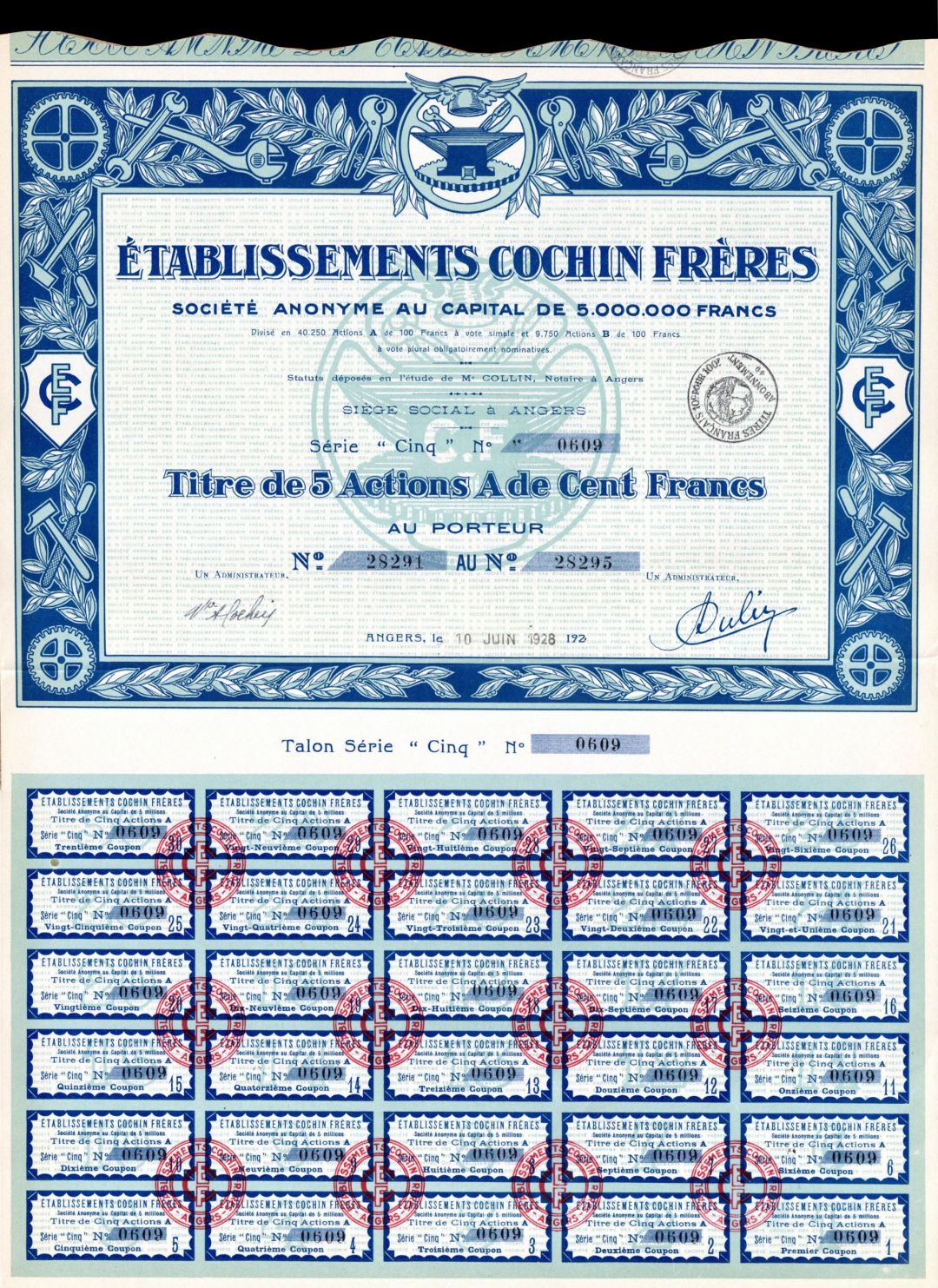 Etablissements Cochin Freres - Stock Certificate