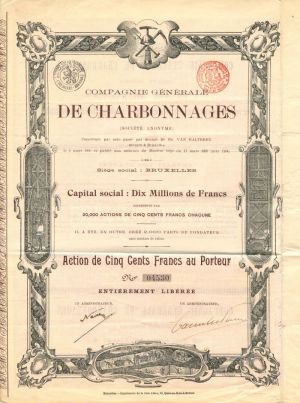 Compagnie Generale De Charbonnages - Stock Certificate