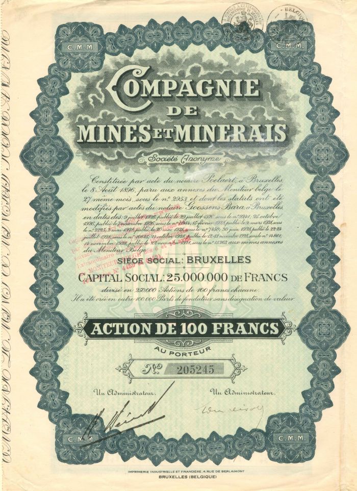 Compagnie De Mines Et Minerais - Stock Certificate