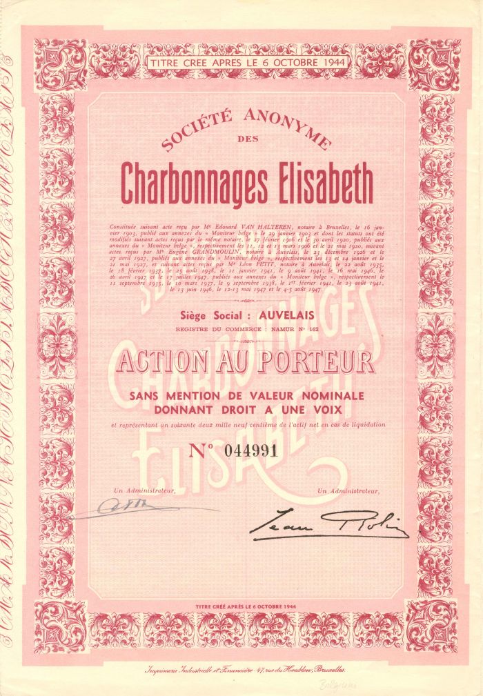 Societe Anonyme Des Charbonnages Elisabeth - Stock Certificate