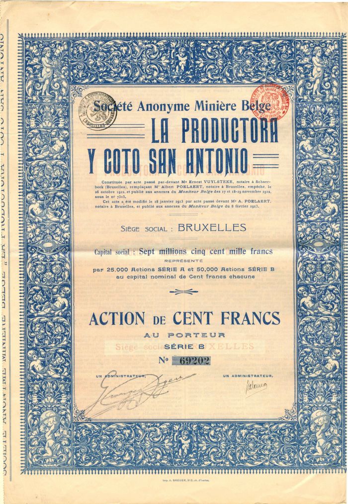 Societe Anonyme Miniere Belge La Productora Y Coto San Antonio - Stock Certificate