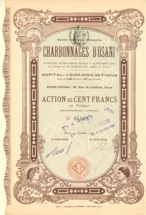 Societe Anonyme Francaise Charbonnages D'Osani - Stock Certificate