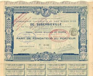 Compagnie Coloniale Et Des Mines D'or De Suberbieville - Stock Certificate