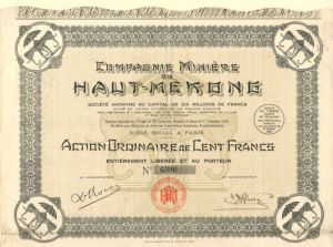Compagnie Miniere Du Haut-Mekone - Stock Certificate