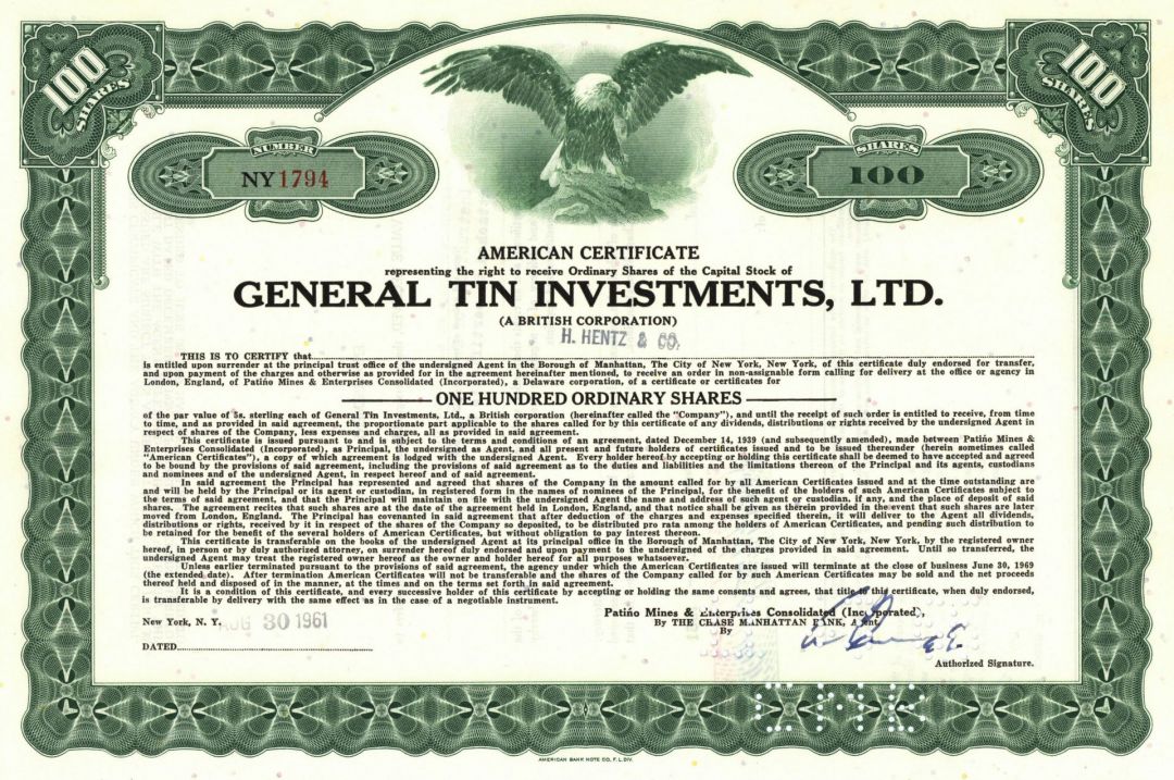 General Tin Investments, Ltd. - 1960's dated Tin Stock Certificate