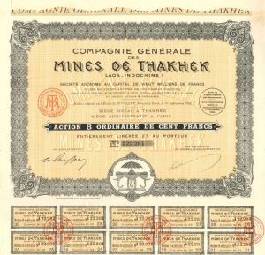Compagnie Generale Des Mines De Thakhek - Stock Certificate