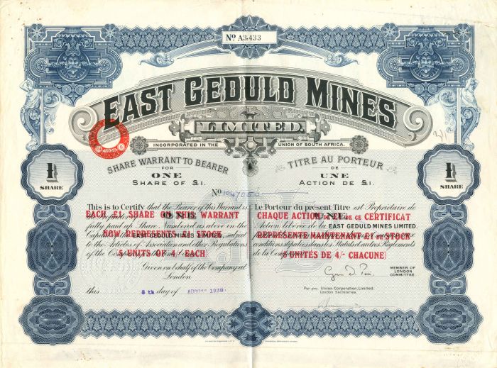 East Geduld Mines Limited - Stock Certificate