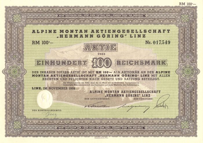 Alpine Montan Aktiengesellschaft Hermann Goring Linz - Stock Certificate